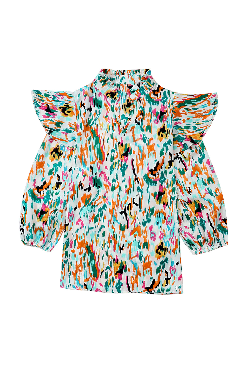 Multicolor Abstract Print 3/4 Puff Sleeve Ruffle Blouse